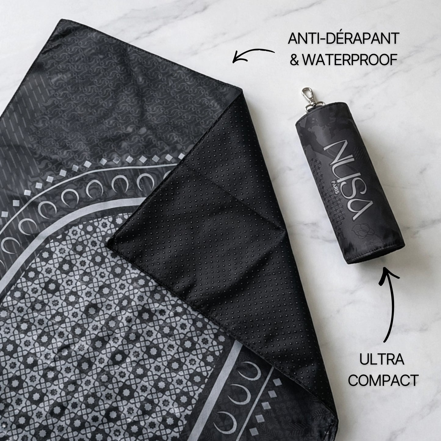 Tapis de prière de voyage Nusa Fold Love – Noir & Rose